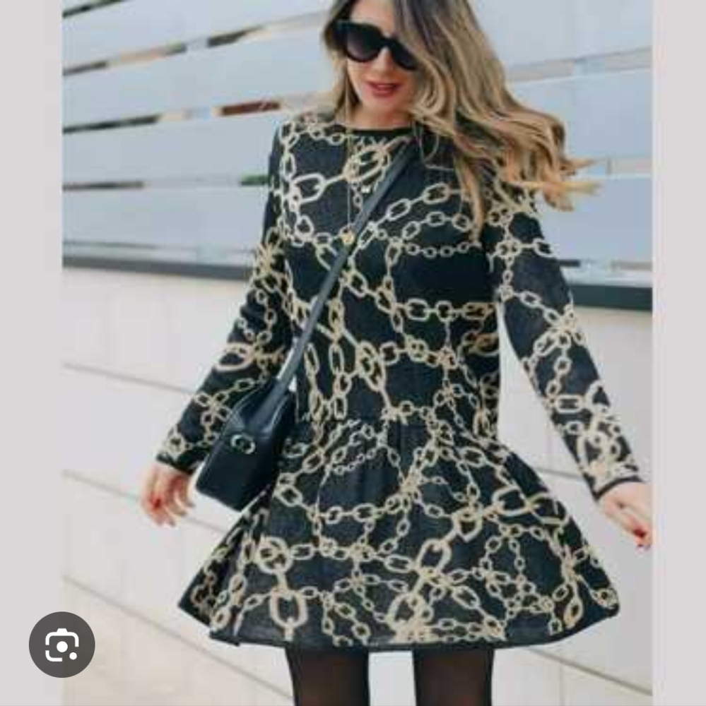 Zara Black Shimmery Gold Chain Link Oversized Knit Sweater Dress S